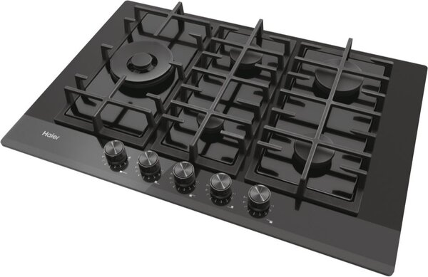 Haier Piano Cottura 5 Fuochi a Gas Larghezza 75 cm (1 Bruciatore Doppia Corona) in Vetro colore Nero - HAVG7WL4HBPB I-Move Series 6