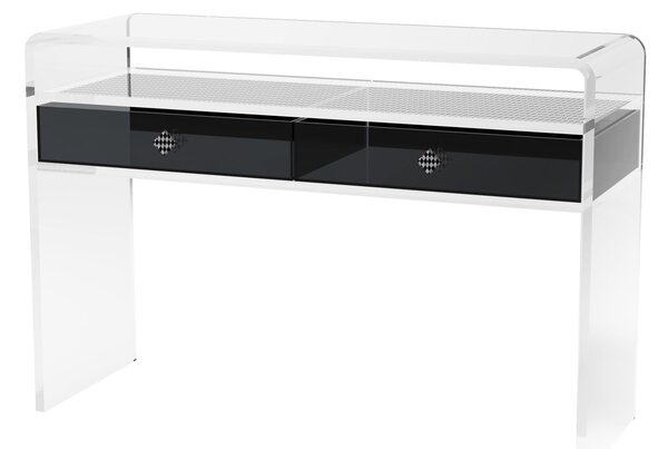 Consolle Tavolo in Cristallo acrilico piegato a caldo PEGGY , dimensioni 110x31xh75 cm, Doppio cassetto e ripiano con marcatura Al laser spessore 15 mm colore trasparente