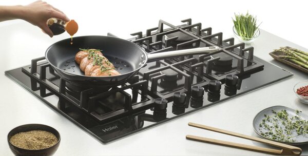 Haier Piano Cottura 5 Fuochi a Gas Larghezza 75 cm (1 Bruciatore Doppia Corona) in Vetro colore Nero - HAVG7WL4HBPB I-Move Series 6