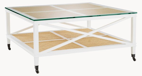 Tavolino da salotto con ruote in legno di mogano con piano in vetro e ripiano in rattan Bahamas