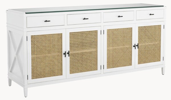 Credenza in legno di mogano e rattan con piano in vetro Bahamas