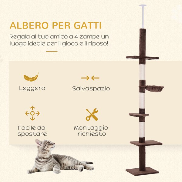 PawHut Albero Tiragraffi Multilivello a Soffitto con Amaca e Altezza Regolabile, 40x34x230-260cm, Marrone|Aosom