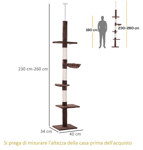 PawHut Albero Tiragraffi Multilivello a Soffitto con Amaca e Altezza Regolabile, 40x34x230-260cm, Marrone|Aosom