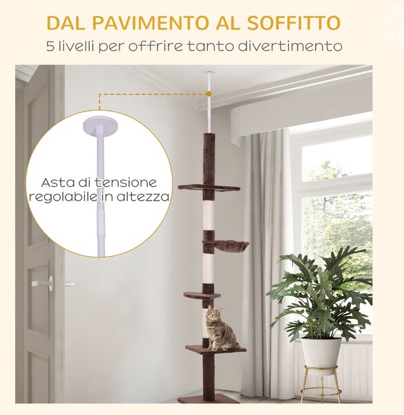 PawHut Albero Tiragraffi Multilivello a Soffitto con Amaca e Altezza Regolabile, 40x34x230-260cm, Marrone|Aosom