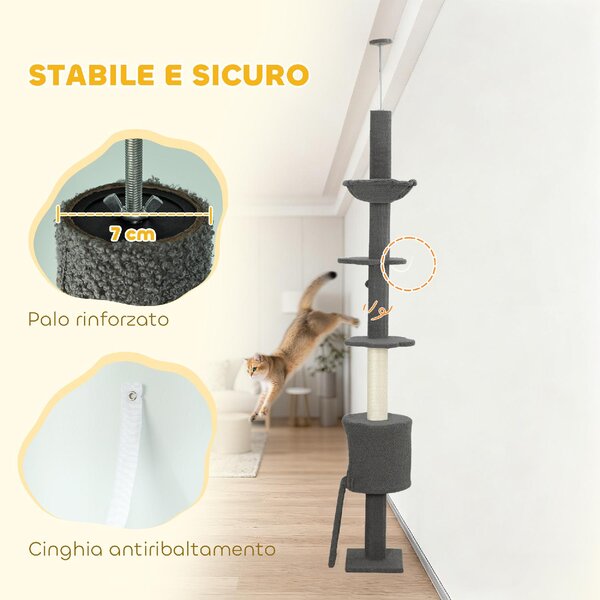 AllMyPets Albero Tiragraffi per Gatti a Soffitto Alto 220-240 cm con Amaca, Casetta, Piattaforme a Fiore e Pali in Sisal colore Grigio - R328CG