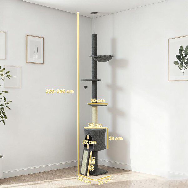 AllMyPets Albero Tiragraffi per Gatti a Soffitto Alto 220-240 cm con Amaca, Casetta, Piattaforme a Fiore e Pali in Sisal colore Grigio - R328CG