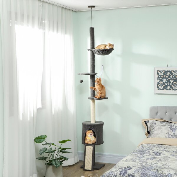 AllMyPets Albero Tiragraffi per Gatti a Soffitto Alto 220-240 cm con Amaca, Casetta, Piattaforme a Fiore e Pali in Sisal colore Grigio - R328CG