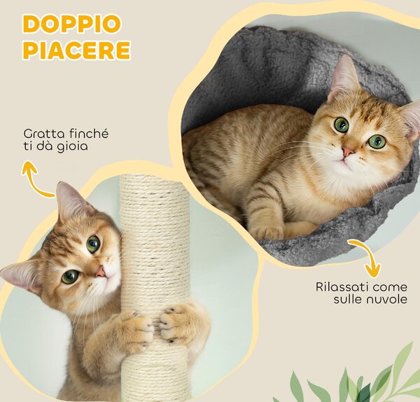AllMyPets Albero Tiragraffi per Gatti a Soffitto Alto 220-240 cm con Amaca, Casetta, Piattaforme a Fiore e Pali in Sisal colore Grigio - R328CG