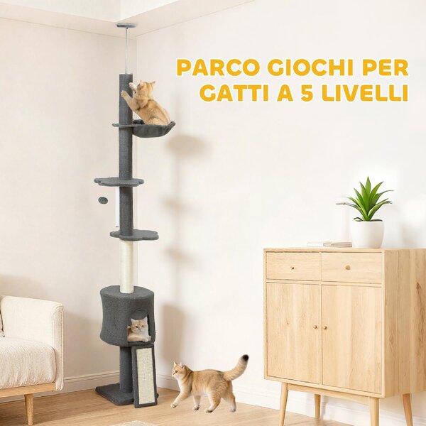 AllMyPets Albero Tiragraffi per Gatti a Soffitto Alto 220-240 cm con Amaca, Casetta, Piattaforme a Fiore e Pali in Sisal colore Grigio - R328CG