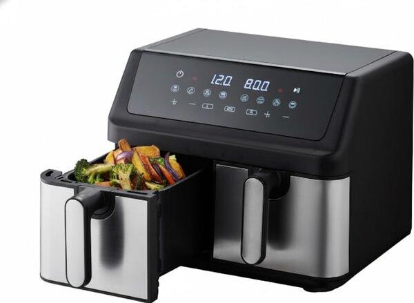 Akai Friggitrice ad Aria Doppio Cestello Capacit 10 Litri Potenza 2000 Watt Temperatura 80 - 200 C Tecnologia Smart Sync colore Nero e Acciaio In