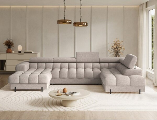 Divano angolare beige allungabile (con penisola a destra/a U) con rivestimento in bouclé Feraria – ELTAP