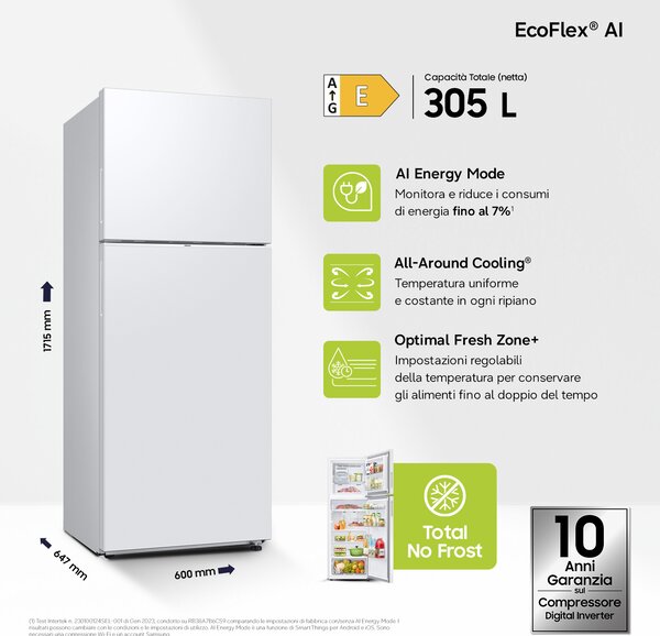 Samsung Frigorifero Doppia Porta Capacit 305 Litri Classe energetica E Raffreddamento No Frost colore Bianco - RT31CG5624WWES