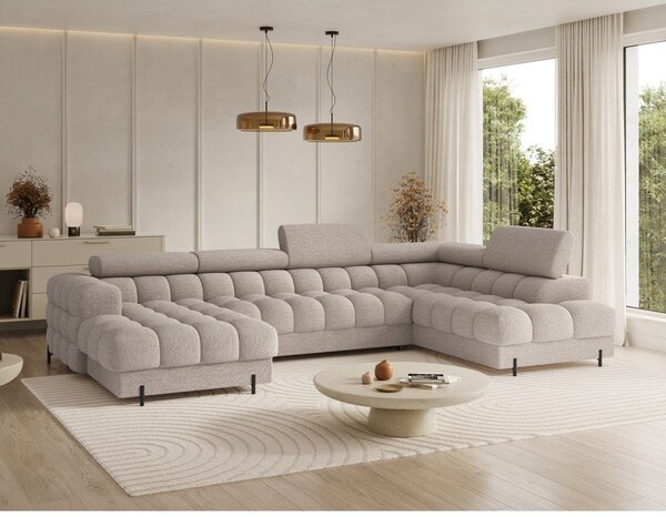 Divano angolare beige allungabile (con penisola a destra/a U) con rivestimento in bouclé Feraria – ELTAP