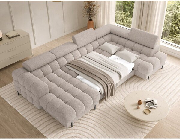 Divano angolare beige allungabile (con penisola a destra/a U) con rivestimento in bouclé Feraria – ELTAP