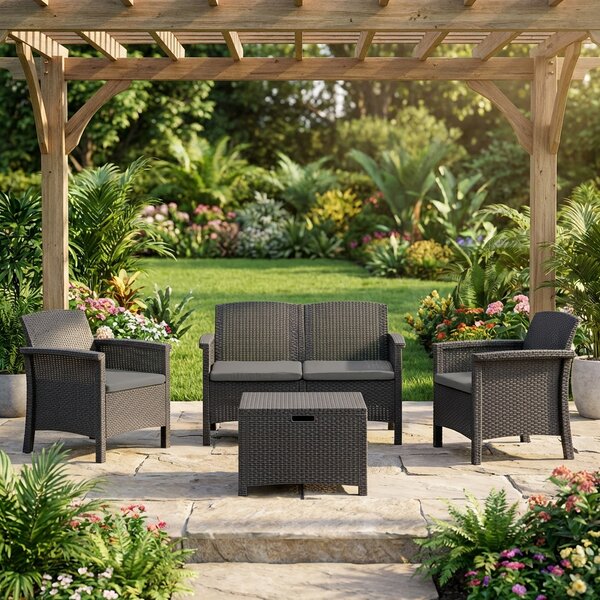 BICA Salotto da Giardino con Divano 2 Posti 2 Poltrone e Tavolino con Cuscini in Rattan PE colore Antracite - Venezia 2