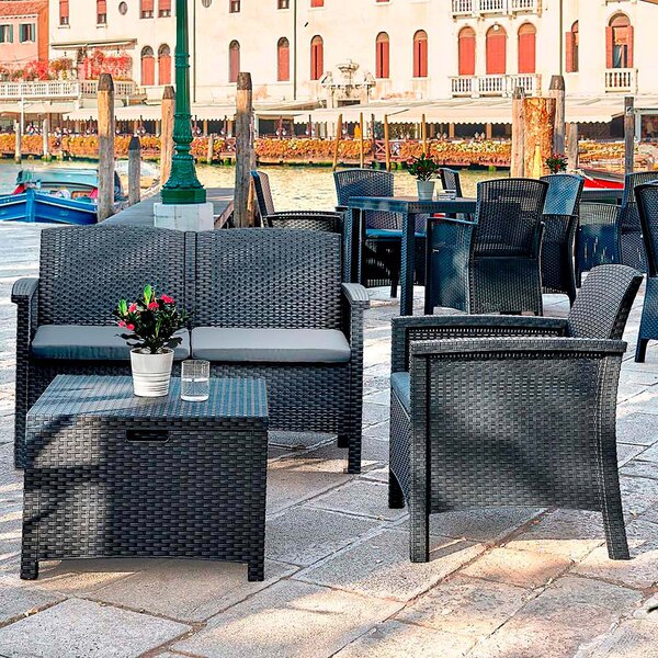 BICA Salotto da Giardino con Divano 2 Posti 2 Poltrone e Tavolino con Cuscini in Rattan PE colore Antracite - Venezia 2