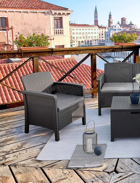 BICA Salotto da Giardino con Divano 2 Posti 2 Poltrone e Tavolino con Cuscini in Rattan PE colore Antracite - Venezia 2