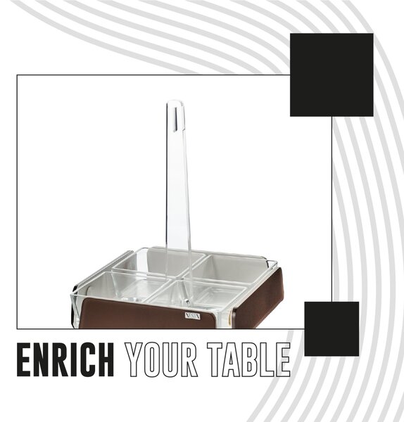 Antipastiera quadrata 4 scomparti bianco monosatinato, dimensioni 18x18xH23 cm, spessore 5 mm ideale per servire aperitivi e stuzzichini marrone satinato