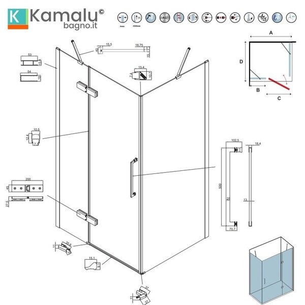 Kamalu box doccia 70x70 oro satinato porta battente | kt5000g