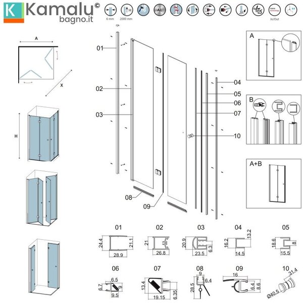 Kamalu box doccia 70x70 cm doppia apertura a libro colore nero | ks7000n