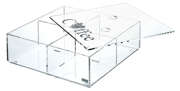 Portacialde in plexiglass con coperchio e 4 divisori ONLY COFFEE 22X22Xh7 cm Trasparente