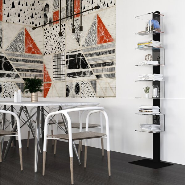 Libreria da terra moderna con struttura in acciaio e ripiani in plexiglass Tempus 39x34xh175 cm base e asta centrale Nero e metacrilato