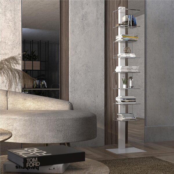 Libreria da terra moderna con struttura in acciaio e ripiani in plexiglass Tempus 39x34xh175 cm base e asta centrale Bianco e metacrilato