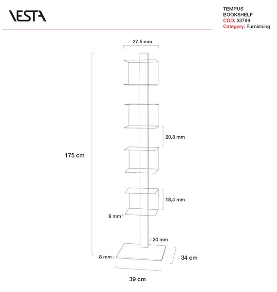 Libreria da terra moderna con struttura in acciaio e ripiani in plexiglass Tempus 39x34xh175 cm base e asta centrale Bianco e metacrilato