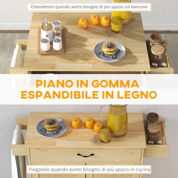 HOMCOM Carrello da Cucina con Piano Pieghevole, Cassetto e Armadietto in Legno e Rattan Stile Boho|Aosom