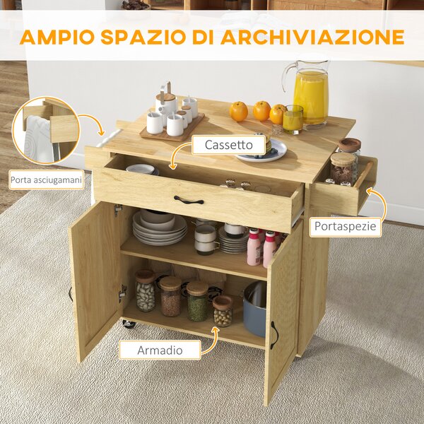 HOMCOM Carrello da Cucina con Piano Pieghevole, Cassetto e Armadietto in Legno e Rattan Stile Boho|Aosom