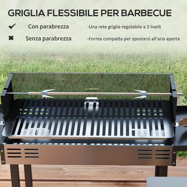 Outsunny Barbecue a Carbone a 3 Livelli con Mensole Pieghevoli e Girarrosto, in Acciaio Inox, 118x32x90 cm, Nero|Aosom