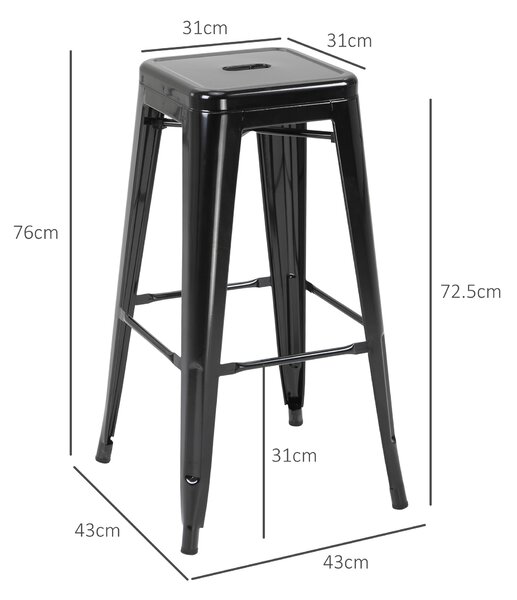 HOMCOM Set di 4 Sgabelli Alti con Poggiapiedi e Piedini Antiscivolo 76cm, in Metallo, Nero|Aosom