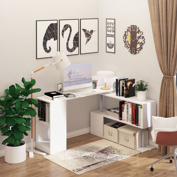 HOMCOM Scrivania Moderna, Angolare e Girevole con Libreria per PC, Camera o Ufficio, Tavolo da Pranzo in Truciolato Bianco, 140x120x78 cm|Aosom