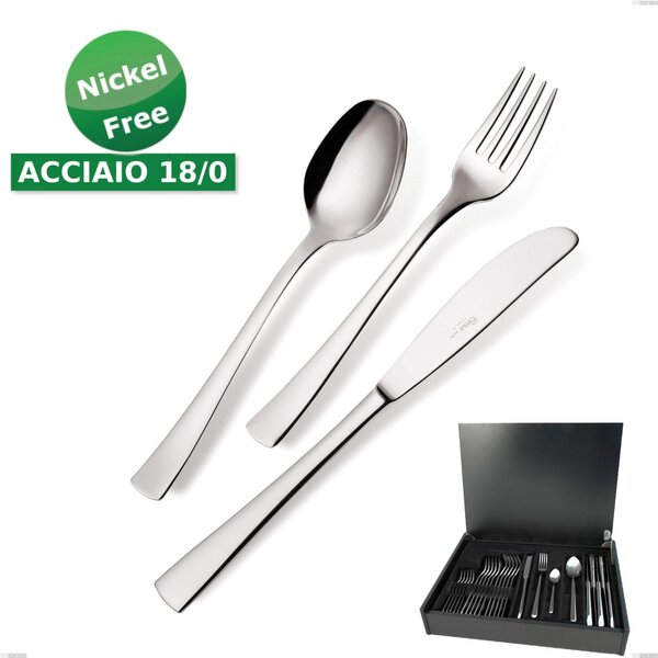 Servizio di posate 24 pezzi in astuccio di legno coltello economico Alfa 18/0 nichel free, (Acciaio 18/ C) Nichel Free, spessore 2 mm