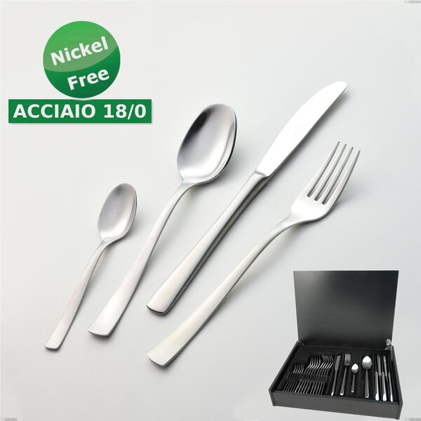 Servizio di posate 24 pezzi in astuccio di legno coltello economico Alfa Satinata 18/0 nichel free, (inox 18/ 0) Nichel Free, spessore 2 mm