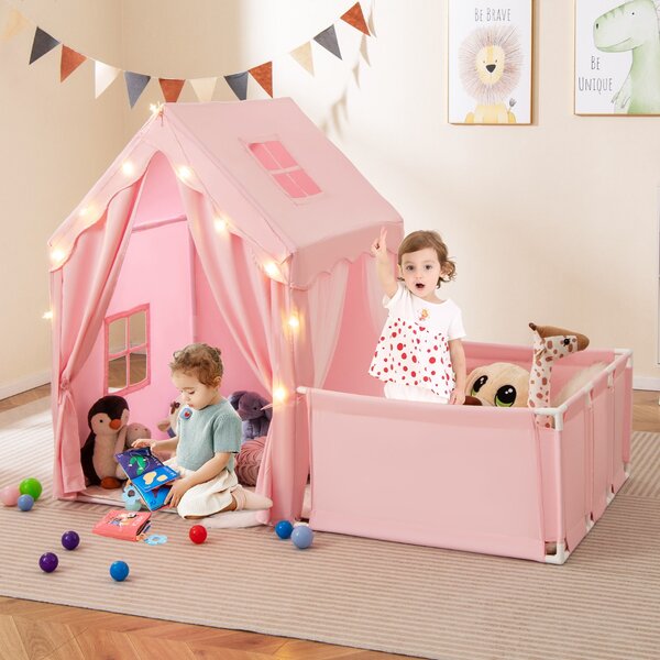 Costway Tenda da gioco per bambini 2 in 1 con recinto e giardino casa gioco, Tenda gioco con luci a stelle e tappetino in cotone lavabile Rosa