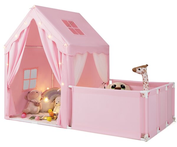 Costway Tenda da gioco per bambini 2 in 1 con recinto e giardino casa gioco, Tenda gioco con luci a stelle e tappetino in cotone lavabile Rosa