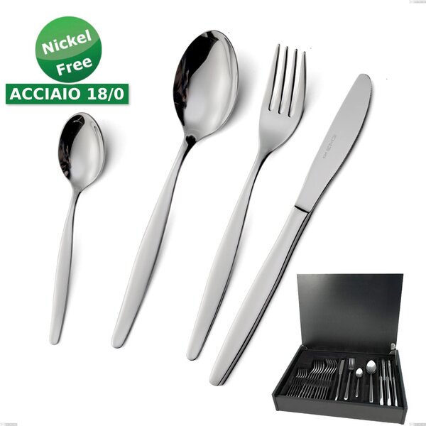 Servizio di posate 24 pezzi in astuccio di legno Beme acciaio 18/O (ASI 430 ) Nichel Free, spessore 2 mm Finitura cromo lucido