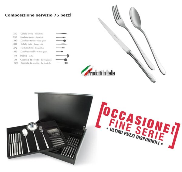 Servizio Posate 75 Pezzi MONICA in acciaio inox 18/10 lucidato a specchio in astuccio legno