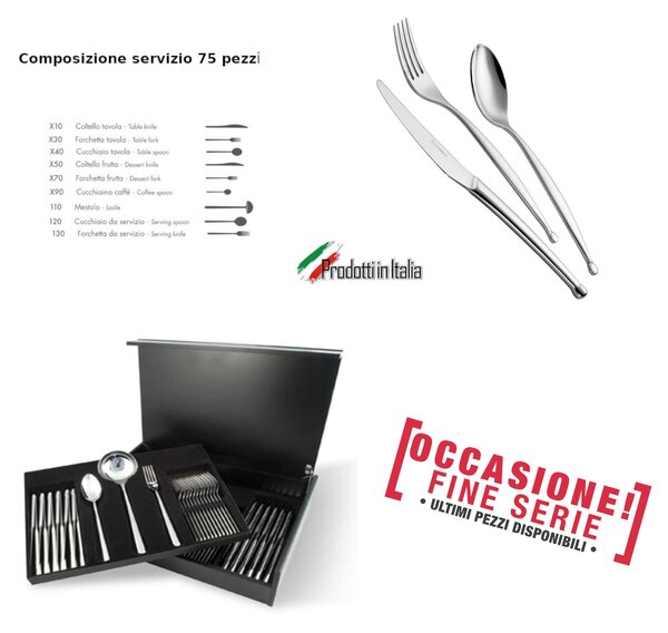 Servizio Posate 75 Pezzi punto in acciaio inox 18/10 lucidato a specchio Forgiato in Astuccio di Legno
