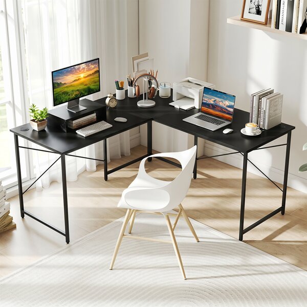 Costway Scrivania computer L 240 cm angolare convertibile supporto monitor, Tavolo ufficio 2 persone metallo robusto lavoro gioco Nero