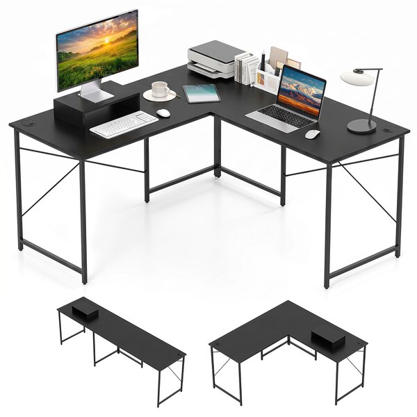 Costway Scrivania computer L 240 cm angolare convertibile supporto monitor, Tavolo ufficio 2 persone metallo robusto lavoro gioco Nero
