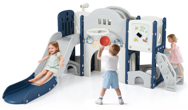 Costway Set scivolo bambini 10 in 1 arrampicata lavagna magnetica telescopio lancio anelli, Scivolo canestro basket tunnel strisciare spazio stoccaggio Colorato