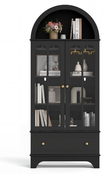 Costway Mobile credenza ad arco da cucina con cassetto ante in vetro temperato portabicchieri, Portabottiglie per sala da pranzo Nero