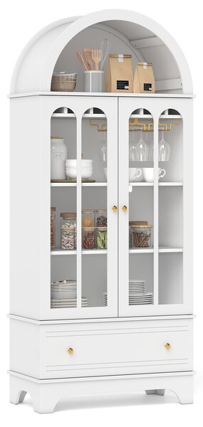 Costway Mobile credenza ad arco da cucina con cassetto ante in vetro temperato portabicchieri, Portabottiglie per sala da pranzo Bianco