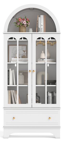 Costway Mobile credenza ad arco da cucina con cassetto ante in vetro temperato portabicchieri, Portabottiglie per sala da pranzo Bianco