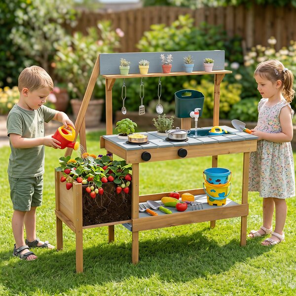 Costway Cucina giocattolo in legno massello per bambini 3+ anni, Cucinetta montessori da esterno con fioriera rialzata Blu