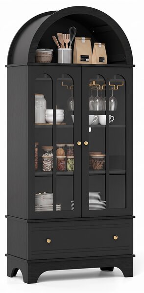 Costway Mobile credenza ad arco da cucina con cassetto ante in vetro temperato portabicchieri, Portabottiglie per sala da pranzo Nero