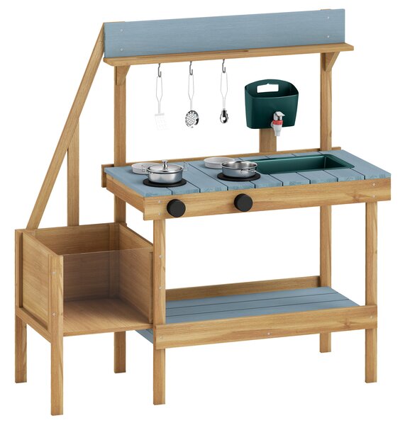 Costway Cucina giocattolo in legno massello per bambini 3+ anni, Cucinetta montessori da esterno con fioriera rialzata Blu