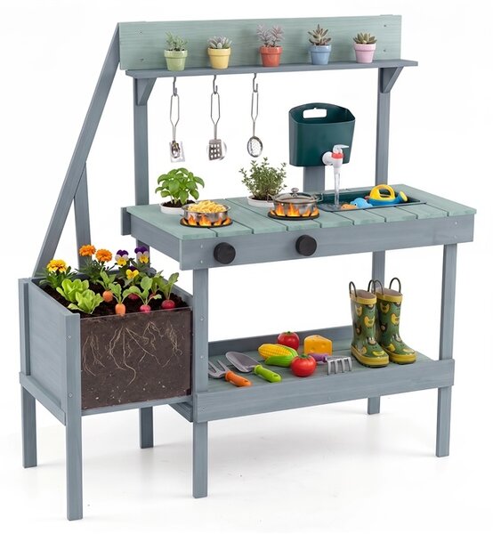 Costway Cucina giocattolo in legno massello per bambini 3+ anni, Cucinetta montessori da esterno con fioriera rialzata Verde